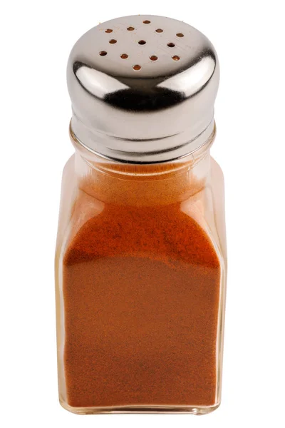 Glass Pepper Pot Powdered Red Paprika Pepper Isolated White Background — Fotografia de Stock