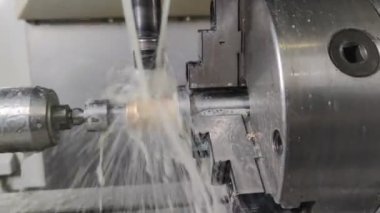 process of brass metal cnc 4-axis circular end milling operation with liquid cooling.