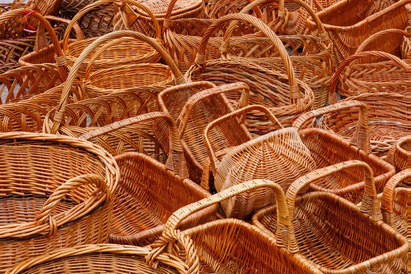 Lot Many Wicker Baskets Sale Closeup Full Frame Background — Stock fotografie