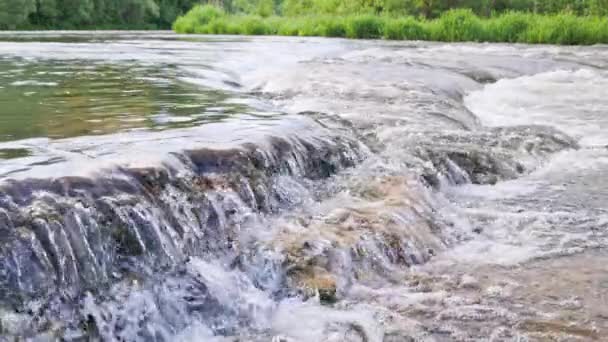 Flowing Water Summer River Small Rapid Waterfall Slow Motion Daylight — Stockvideo