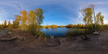 seamless full spherical 360 by 180 degrees panorama of evening autumnal lake with birch forest on its shores in equirectangular projection.
