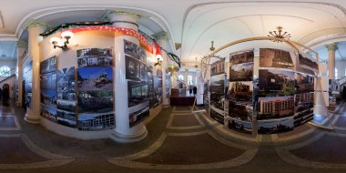 Seamless full spherical 360 degree panorama in equirectangular projection of indoor photo exhibition named 20 years without USSR in Tula, Russia - December 9, 2012