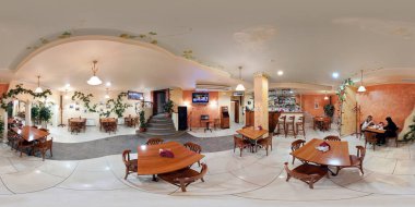 Seamless full spherical 360 degree panorama in equirectangular projection of small cafe interior in Tula, Russia - October 25, 2011