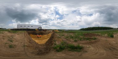 Seamless full spherical 360 degree panorama in equirectangular projection of construction site with sand filled pit in Tula, Russia - June 4, 2013