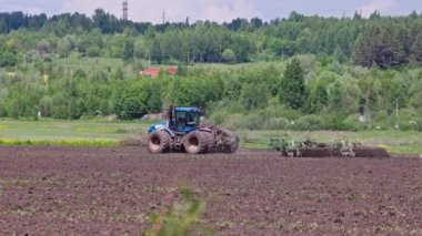 Blue tractor with double wheels pulling disc harrow with roller baskets at hot spring day with heat haze surrounded with black-headed gulls, slow motion