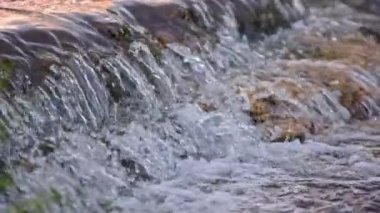the flowing water of a summer river with a small rapid waterfall in slow motion at daylight.