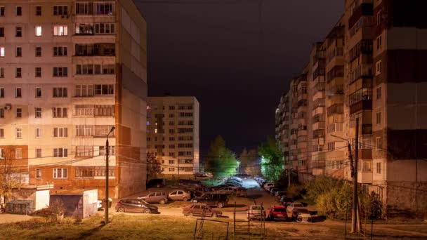Time Lapse Night Russian Suburban Street Parking Apartment Buildings Autumn — Stok video