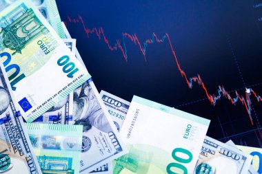 US dollar and euro banknotes over digital screen with real life exchange chart, USD EUR parity concept