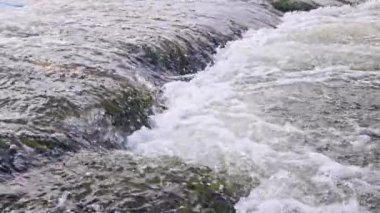 the flowing water of a summer river with a small rapid waterfall in slow motion at daylight.