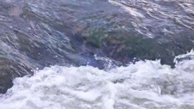 the flowing water of a summer river with a small rapid waterfall in slow motion at daylight.