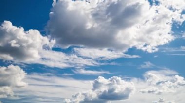 mixed white clouds on blue sky background, cloudscape time lapse, upward above horizon direction