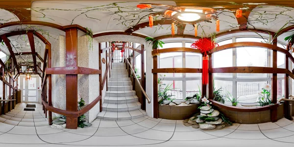 2011年11月11日 俄罗斯图拉中餐馆部分风格楼梯等长方形投影无缝全球面360度全景 — 图库照片