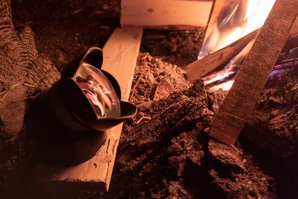 Ultra Wide Angle Lens Warming Campfire Night Avoid Condensation Photoshoot — Zdjęcie stockowe