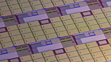 full-frame looped spinning silicone microchip wafer with gold colored chips, real-lofe video footage