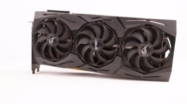Asus ROG Strix Advanced Nvidia RTX 2070 super - big black contemporary gaming graphics card loopable spinning on white background in Tula, Russia, - July 27, 2022