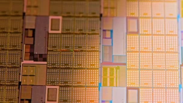 Full Frame Looped Spinning Silicone Microchip Wafer Gold Colored Chips — Video Stock