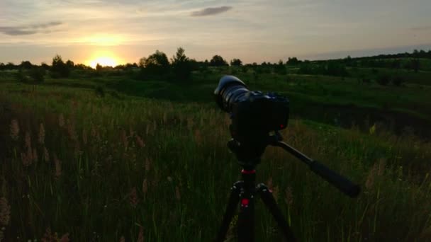 三脚架上的相机在夏日草地拍摄日出 用手机拍摄 — 图库视频影像