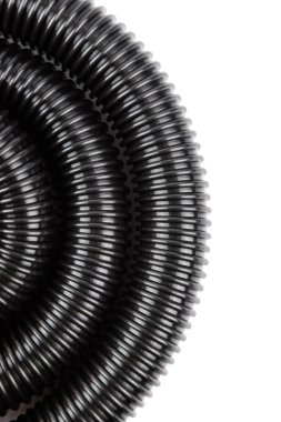 black plastic corrugated vacuum cleaner hose on white background.