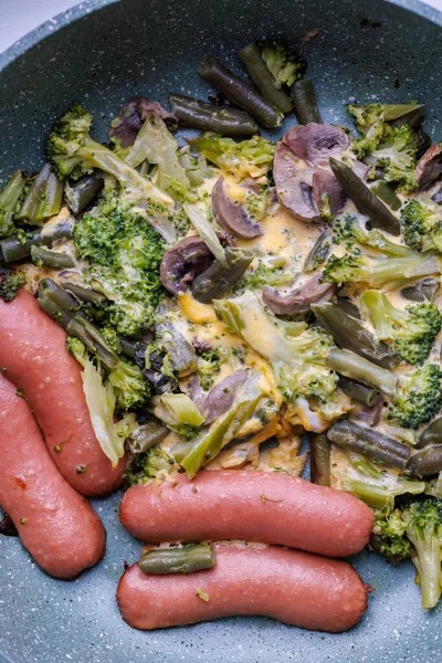 Fried Sausages Vegetables Mushrooms Chicken Egg Skillet High Angle View — Stockfoto