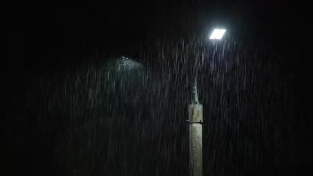 夜间下大雨时 双层铅板灯柱 中等尺寸的雨滴照在灯柱上 明亮的灯光下 静态观点 — 图库视频影像