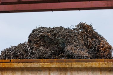 pile of metal swarf on blue sky background, close-up.