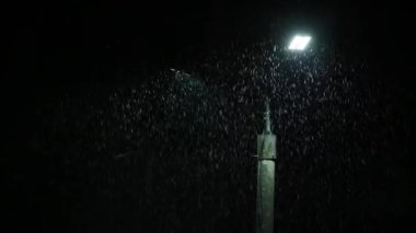 Double led panel lamppost under heavy rain at night. Midsize view of raindrops against a lamppost bright light. Static viewpoint. 180 degree shutter exposure with long raindrop tails
