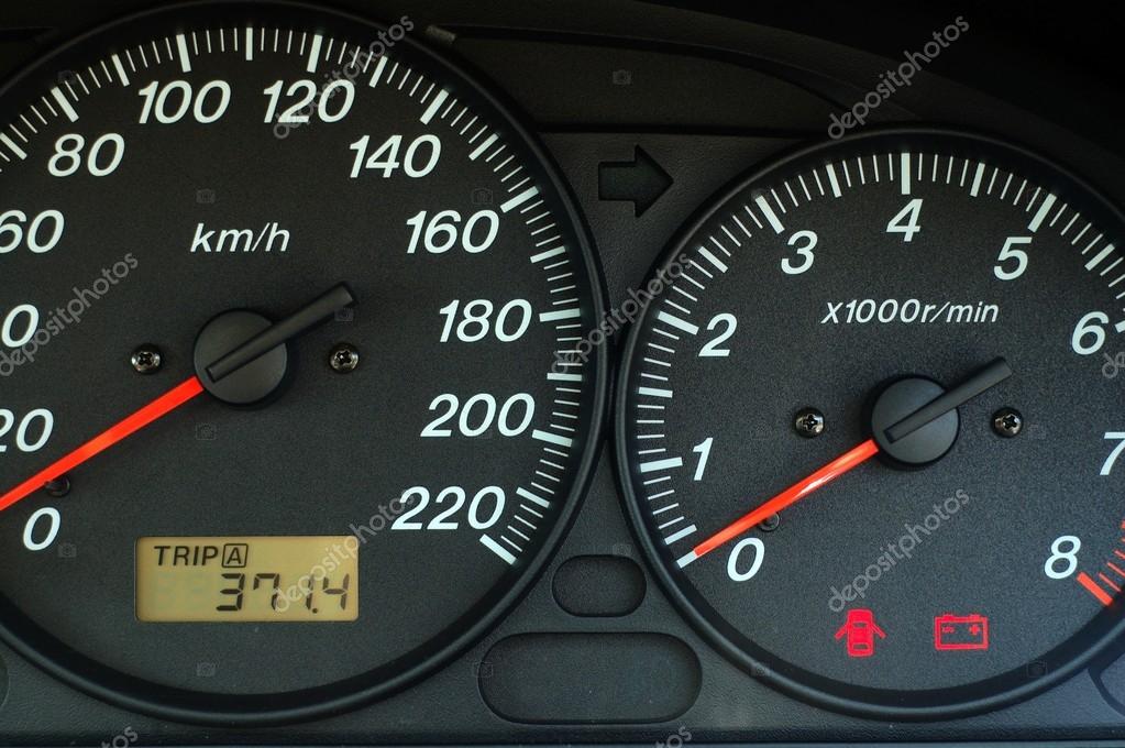Panel de control del coche con marcapuntos de velocidad y revoluciones