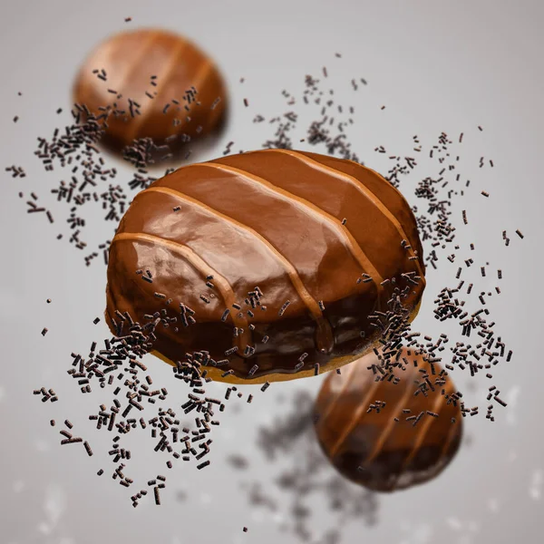 Donuts Voladores Con Glaseado Chocolate Rayas Caramelo Salado Sobre Fondo — Foto de Stock