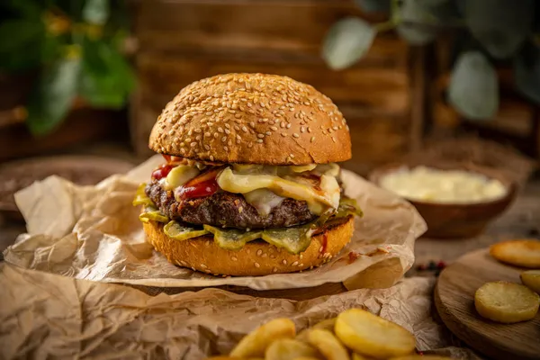 Lezzetli Izgara Burger Fast Food Abur Cubur Kavramı — Stok fotoğraf