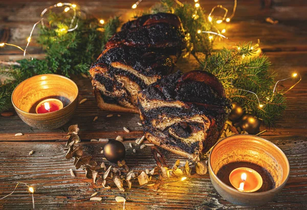 Délicieux Pain Sucré Babka Aux Graines Pavot Sur Fond Noël — Photo