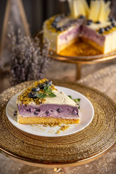 Piece Blueberry Cheesecake White Plate Ready Eat — Foto Stock