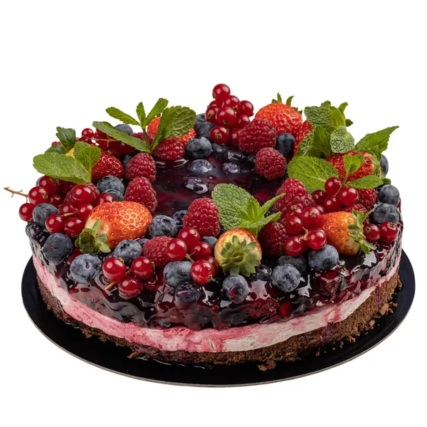 Creamy Fruit Cake Chocolate Cake Summer Berries White Background — Fotografia de Stock