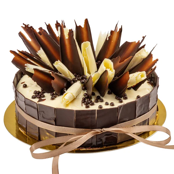 Bolo Aniversário Extravagante Com Decoração Chocolate Isolado Fundo Branco — Fotografia de Stock