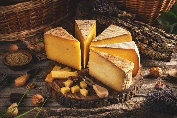 木の背景にセミハード熟成チーズの様々なタイプ — ストック写真