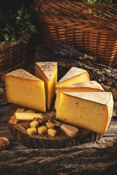 木の板に自家製熟成チーズの様々な味の静物画 — ストック写真