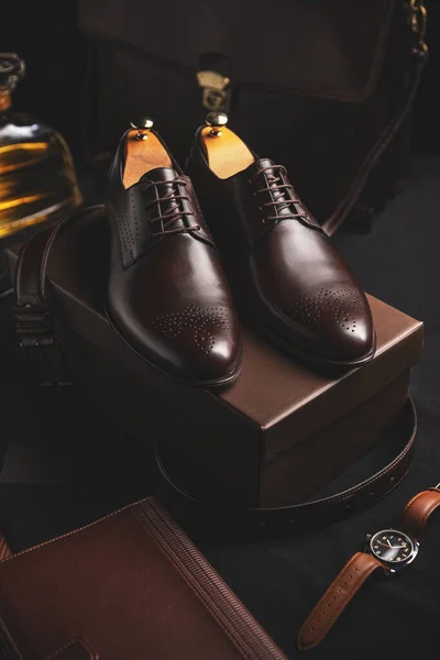 Elegante Concepto Zapatos Hombre Cuero Marrón Naturaleza Muerta — Foto de Stock