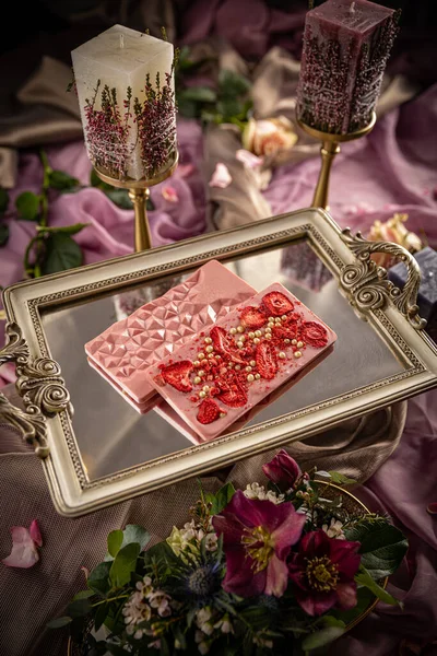 Homemade Chocolate Bars Lyophilized Strawberry White Chocolate Pearls Still Life — Stock Photo, Image