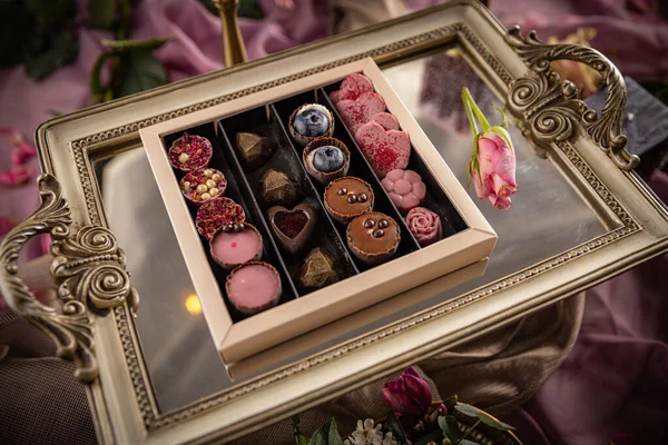 Különböző Csokoládé Cukorkák Édes Édesség Gyűjtemény Valentin Napra — Stock Fotó