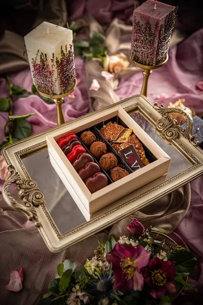 Sok Fajta Csokoládé Praliné Valentin Napra — Stock Fotó