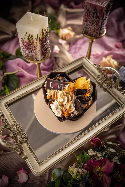 Still Life Ice Cream Sundae Heart Chaped Chocolate Bowl Valentine — Stock Photo, Image