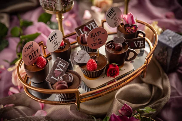 Still Life Luxury Mousse Little Chocolate Bowls Cups Valentines Day — Stock Photo, Image