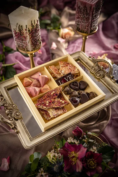 Lot Variety Chocolate Pralines Confectionery Gourmet Chocolate Box — Stock Photo, Image