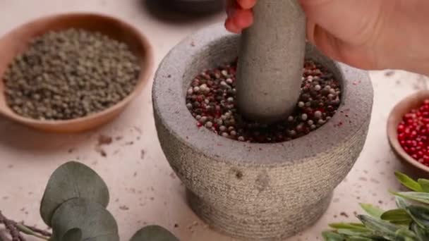 Crushing Mixed Colorful Peppercorns Mortar Pestle — Stock Video