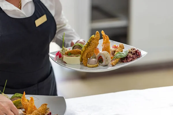 Waitress Carrying Plates Starter Dish — Stock Photo, Image