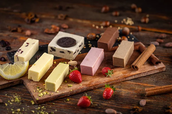 Different Taste Homemade Chocolate Fudges Wooden Background Still Life — Stok fotoğraf