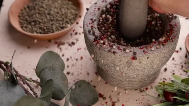 Close Stone Pestle Crushing Grinding Colorful Peppercorn Mortar Food Preparation — Stock Video