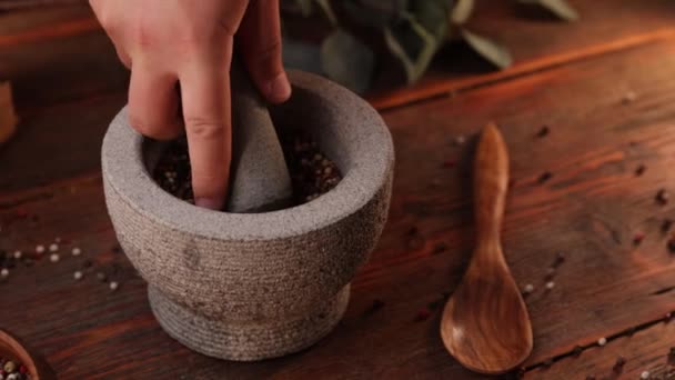 Concept Cooking Gastronomy Mixed Pepper Crushed Mortar — Vídeo de stock