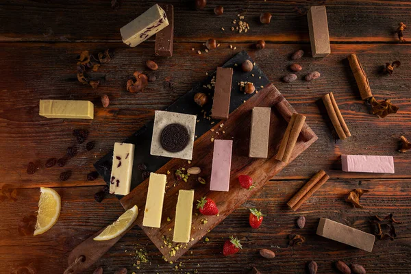 Various Taste Homemade Chocolate Fudges Wooden Background Still Life Flat — ストック写真