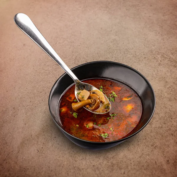 Delicious Mushroom Soup Paprika Served Black Bowl ストックフォト