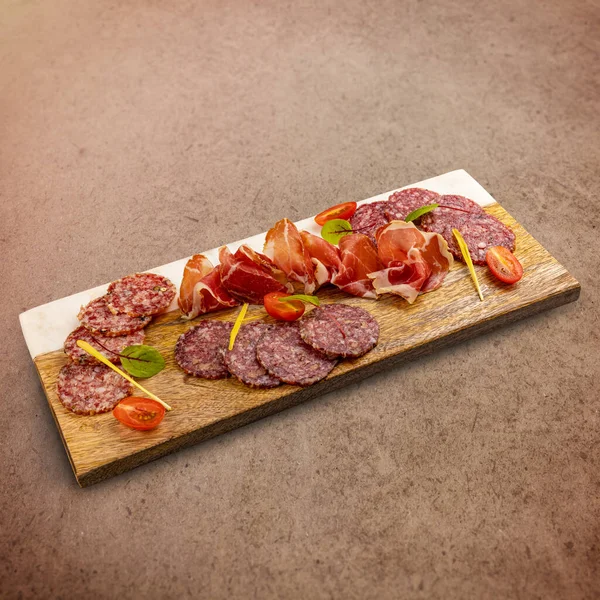 Cured Meat Platter Prosciutto Salami Decorated Cherry Tomatoes — 스톡 사진